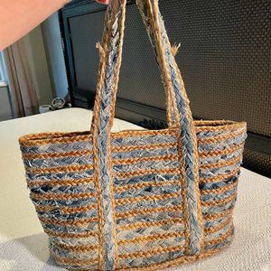 America & Beyond Jute & recycled denim woven tote bag